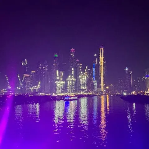 The marina skyline at night from the water