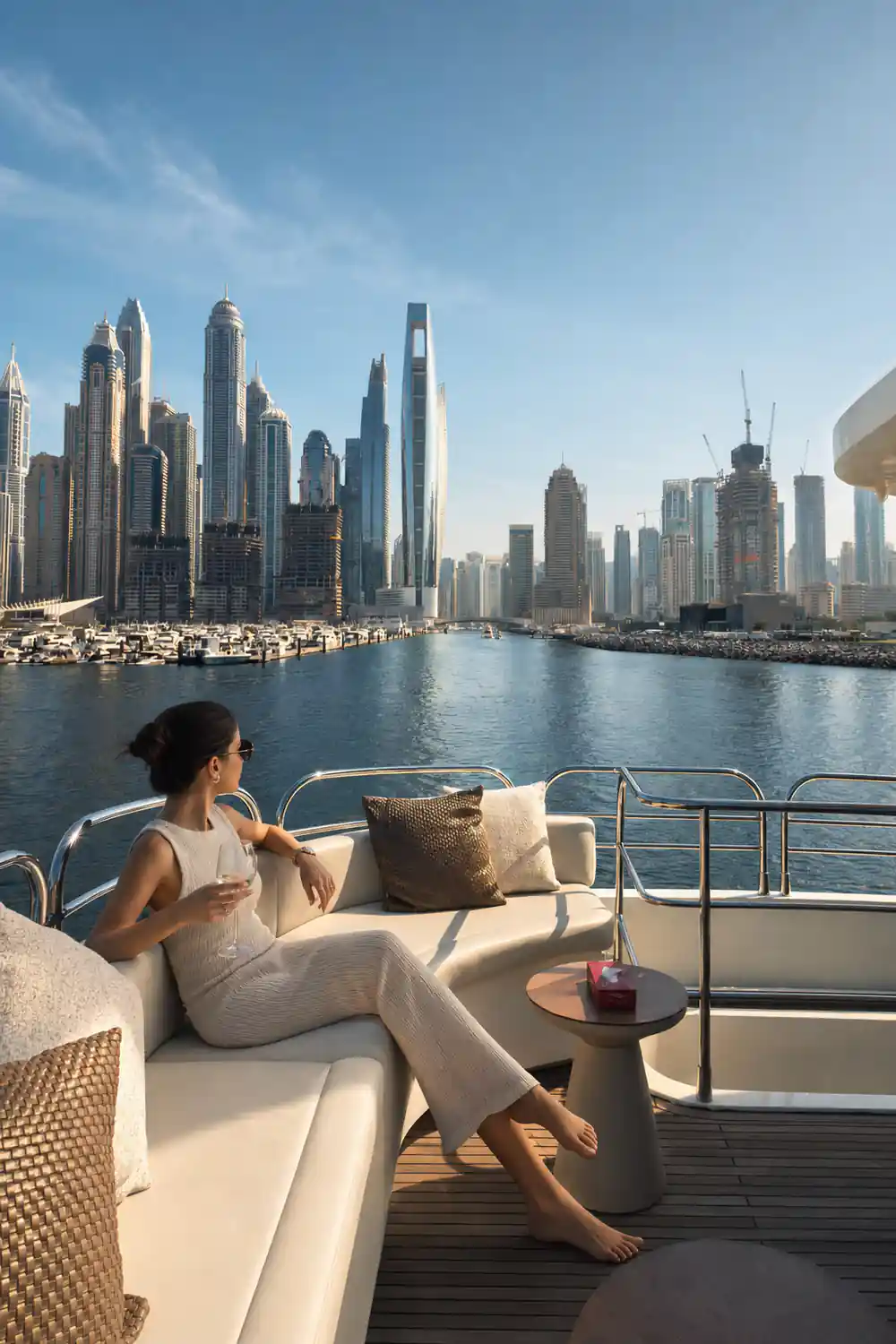 The bow seating with the Marina skyline beyond