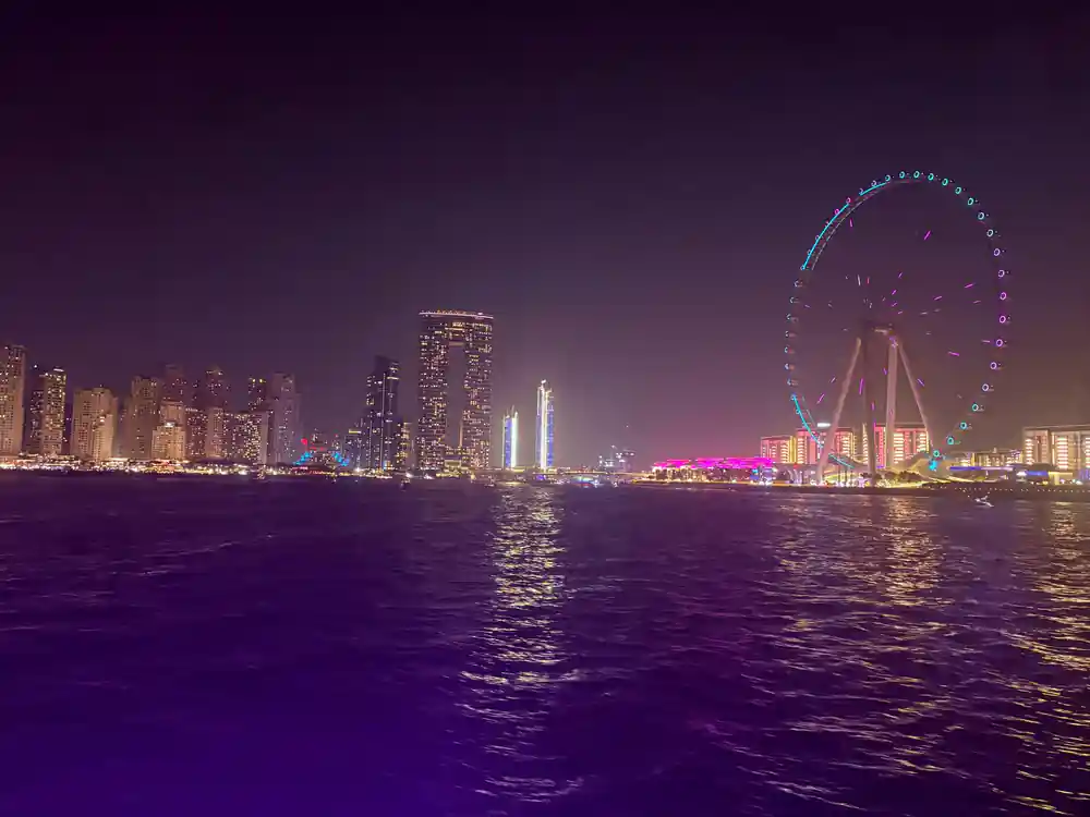 The lit shoreline and wheel seen from the water at night