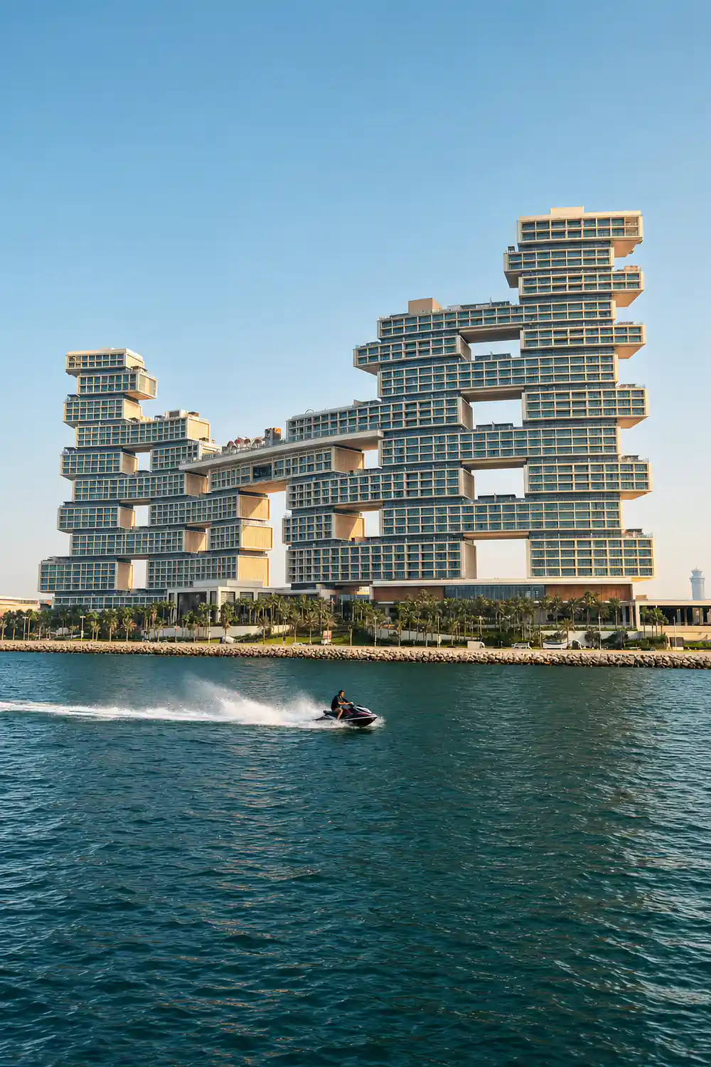 The stepped Royal Atlantis tower close from the sea