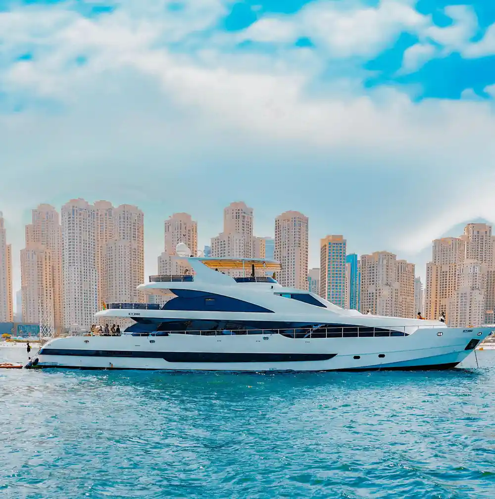 The yacht against the towers of Jumeirah Beach Residence