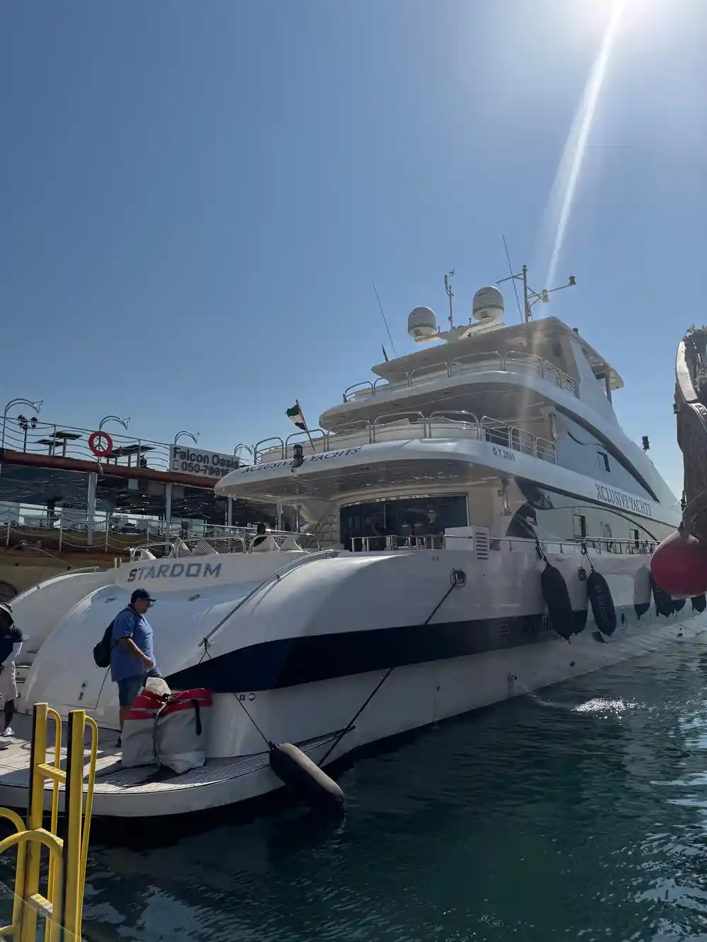 The yacht Stardom moored bow-on at the quay